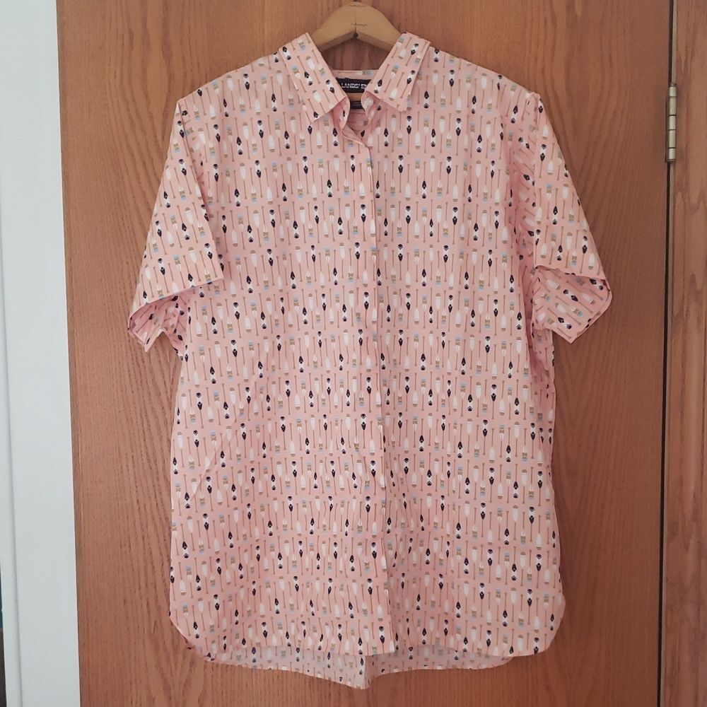 NWOT Lands' End Peach Colored Button Down Shirt With Canoe Paddle Design Sz 18T